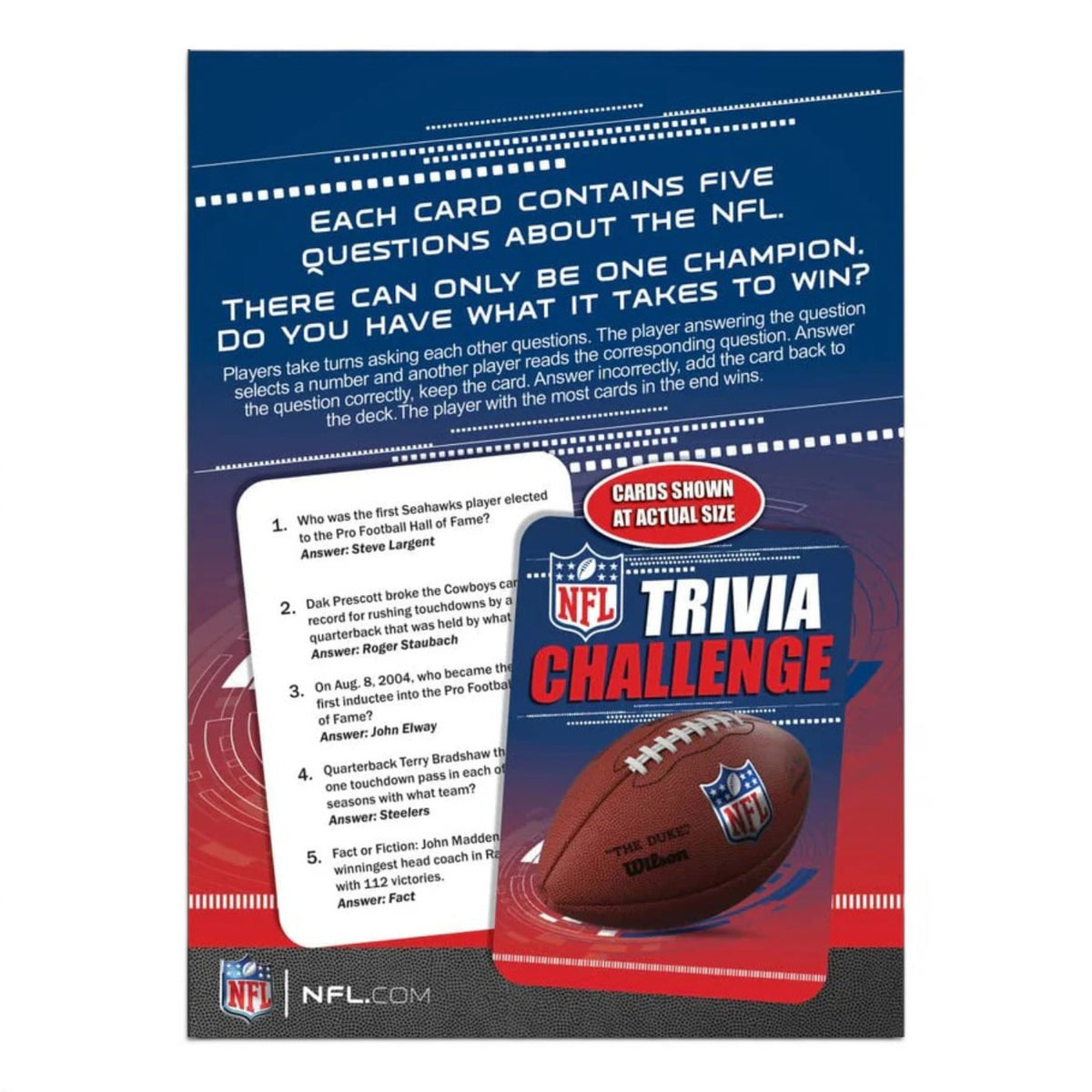 Back of the NFL Trivia Challenge box with sample trivia cards