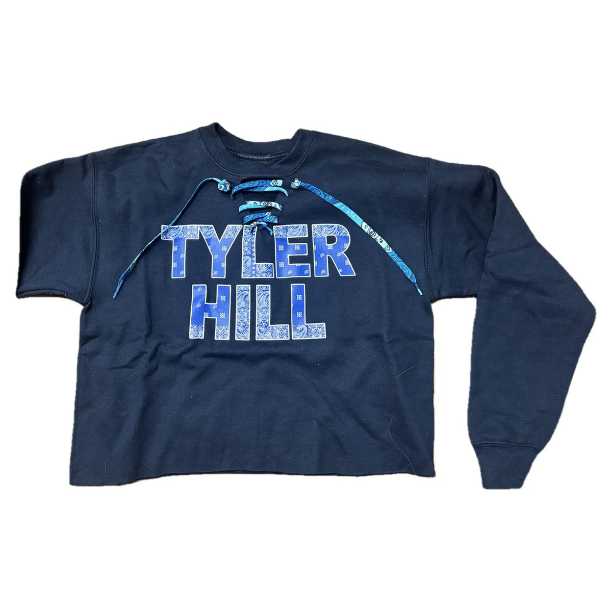 Bandana Lace-Up Camp Crewneck in navy with blue bandana Tyler Hill letters