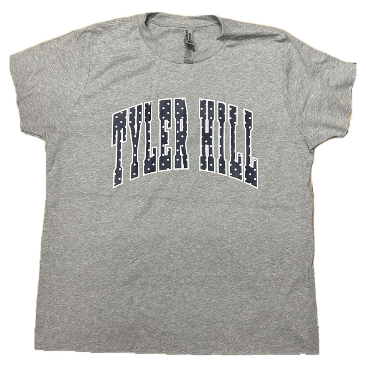 Polka Dot Camp Tee personalized with Tyler Hill in navy polka dot letters