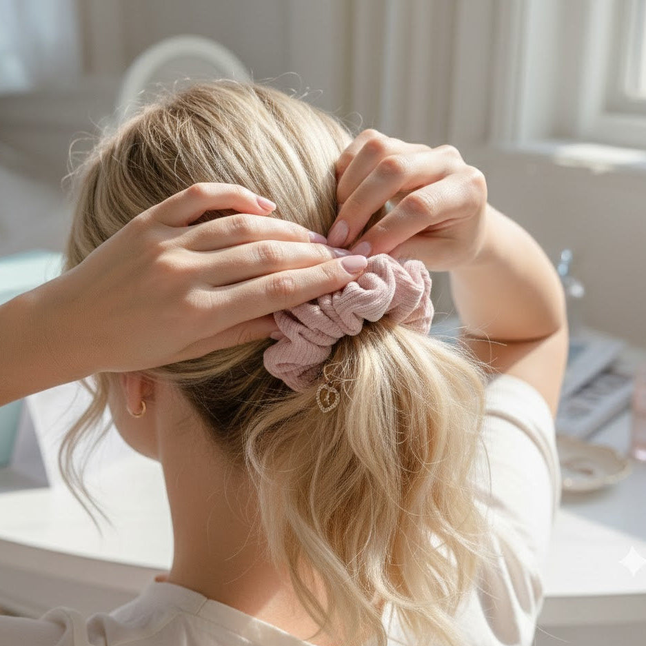 Woman putting a blush pink scrunchie with a gold heart charm into a blonde ponytail