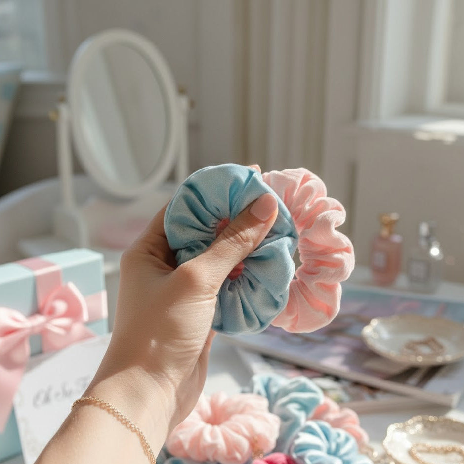Hand holding blue and pink scrunchies in a bedroom with a vanity mirror and a gift box
