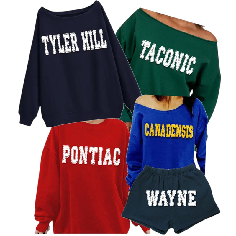 Camp Stitch Font Off Shoulder Crew
