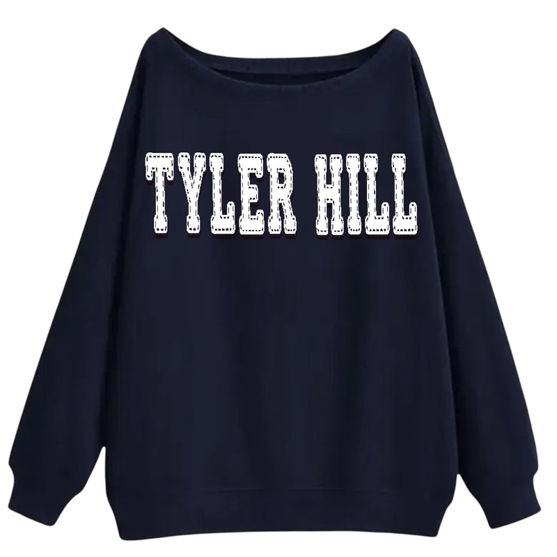 Camp Stitch Font Off Shoulder Crew