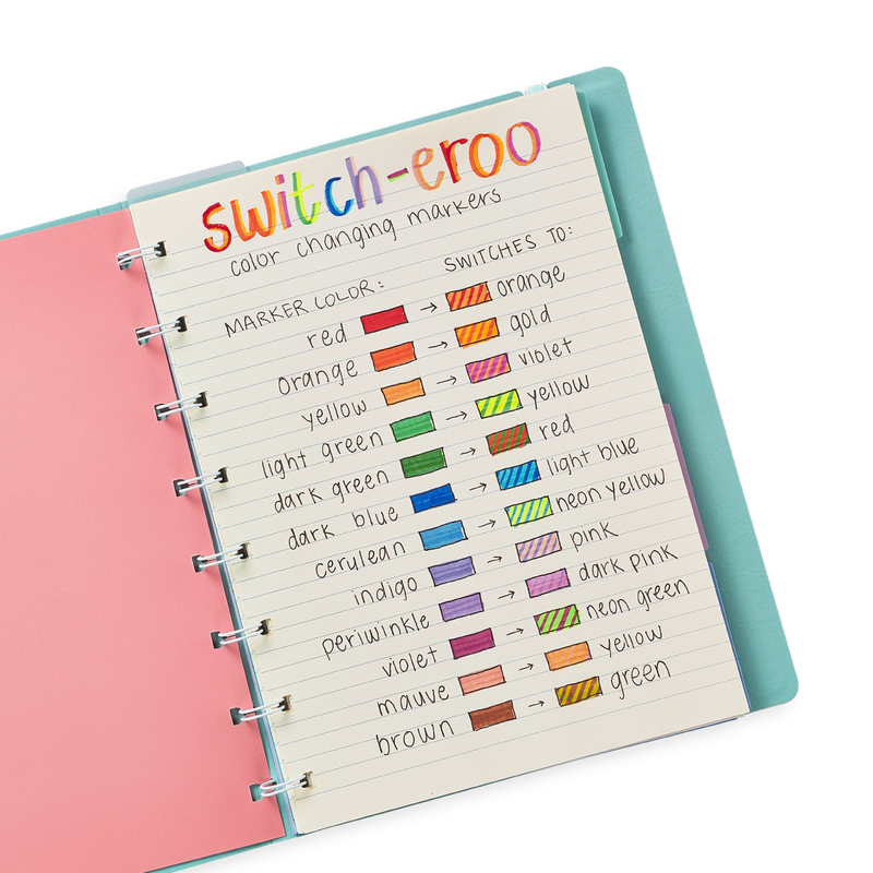 Handwritten color chart on lined paper demonstrating all 12 Switcheroo marker color transformations including red to orange, orange to gold, yellow to neon yellow, and more camp craft examples
