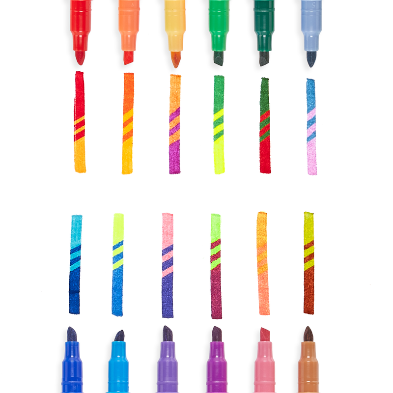 Close up of Switcheroo marker tips and color transformation swatches showing how each marker changes from one color to another like red to orange, green to yellow, and blue to light blue