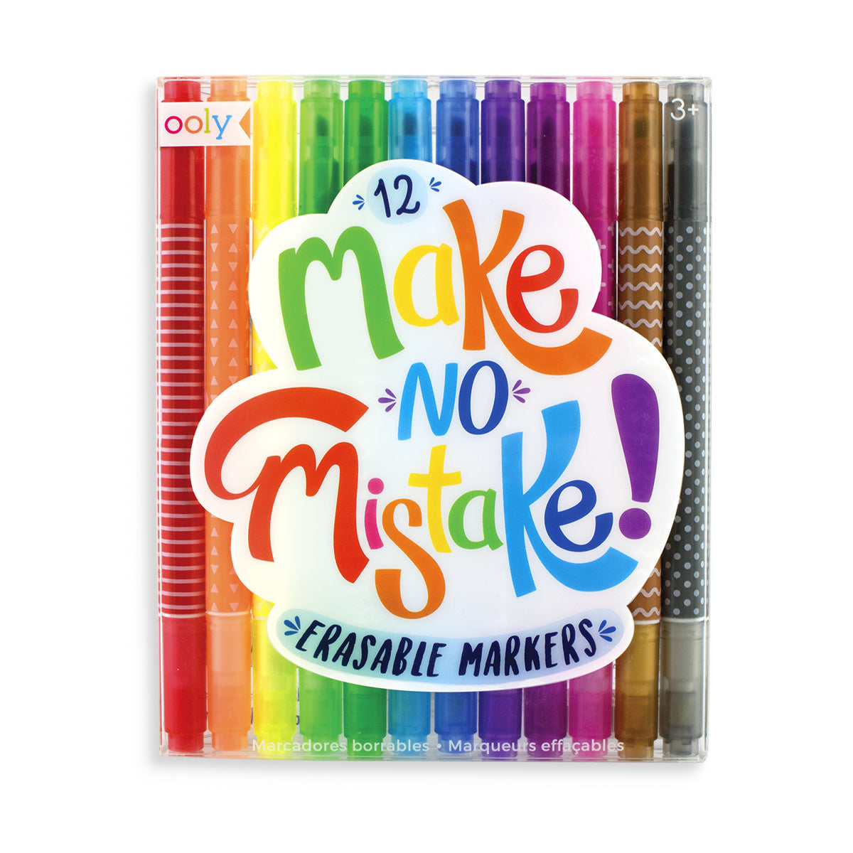 Make No Mistake 12-pack erasable markers in rainbow colors including red, orange, yellow, green, blue, purple, pink, gold and silver with double-sided design showing color and eraser tips in clear plastic case