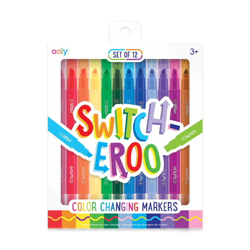 Switcheroo Color Changing Markers package showing 12 vibrant markers in rainbow colors including red, orange, yellow, green, blue, purple, pink and brown with playful Switch-eroo branding