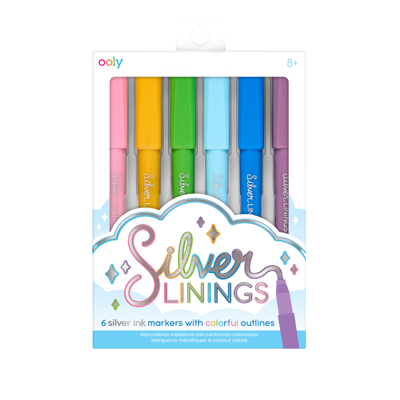 Silver Linings Outline Markers 6-pack in colorful package showing pink orange green light blue dark blue and purple markers with silver metallic outline feature for camp stationery