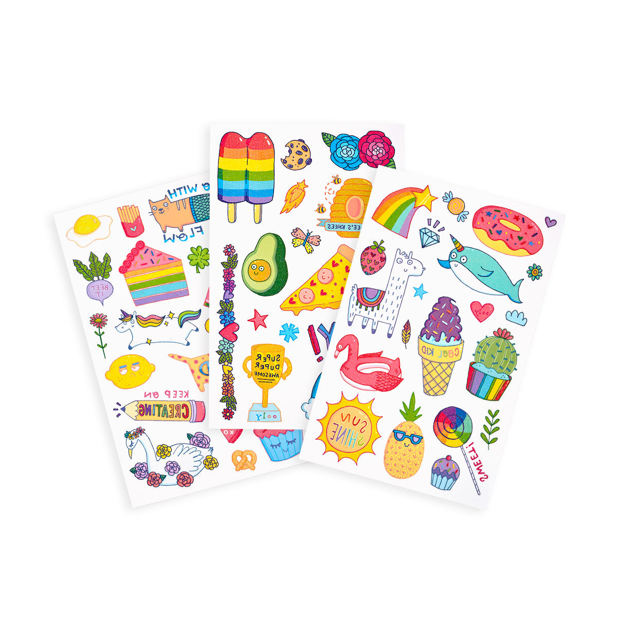 Cute Doodle World Tattoo Palooza three colorful temporary tattoo sheets featuring rainbow hearts, unicorns, avocados, donuts, pizza, llamas, popsicles, ice cream cones, flowers, and cheerful doodle designs on white background