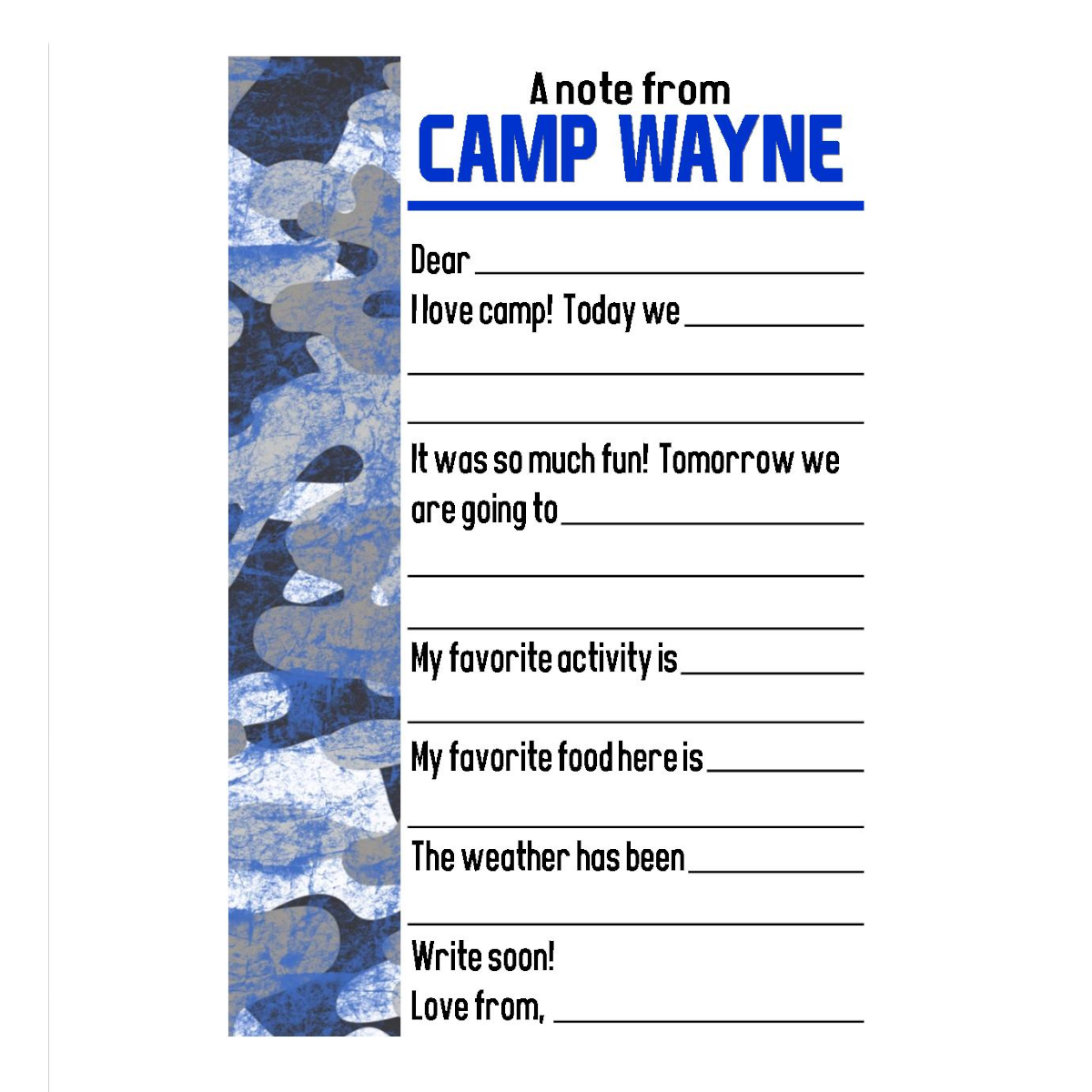 Distressed Camo Fill-In Notecards Camp Notecards – letters FROM camp notecards (8 cards + 8 envelopes) for sleepaway/overnight camp by Bee Bee Designs