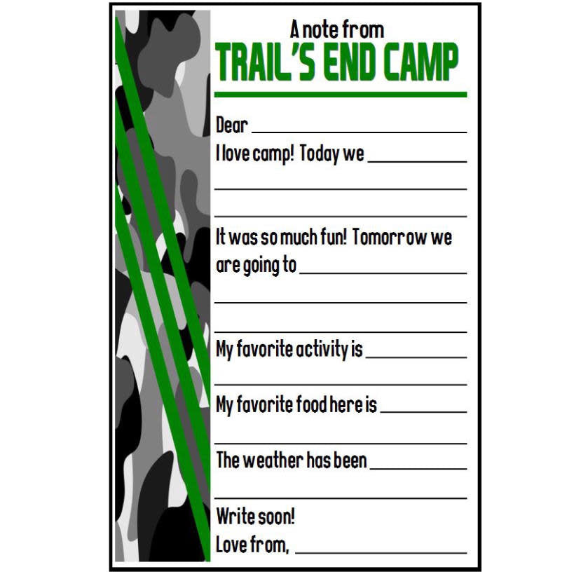 Camo Stripe Fill-In Notecards Camp Notecards – letters FROM camp notecards (8 cards + 8 envelopes) for sleepaway/overnight camp by Bee Bee Designs