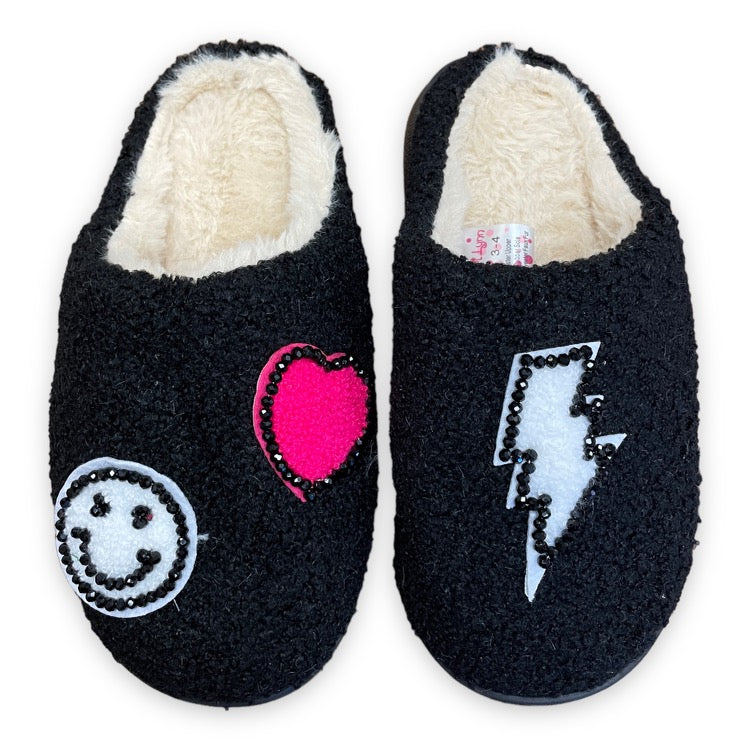 Black Patch Fuzzy Slides