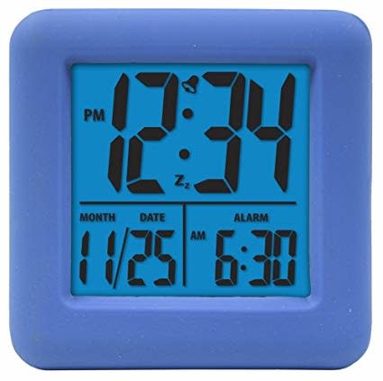 Blue Square Digital Clock – alarm, digital display, compact, camp clock