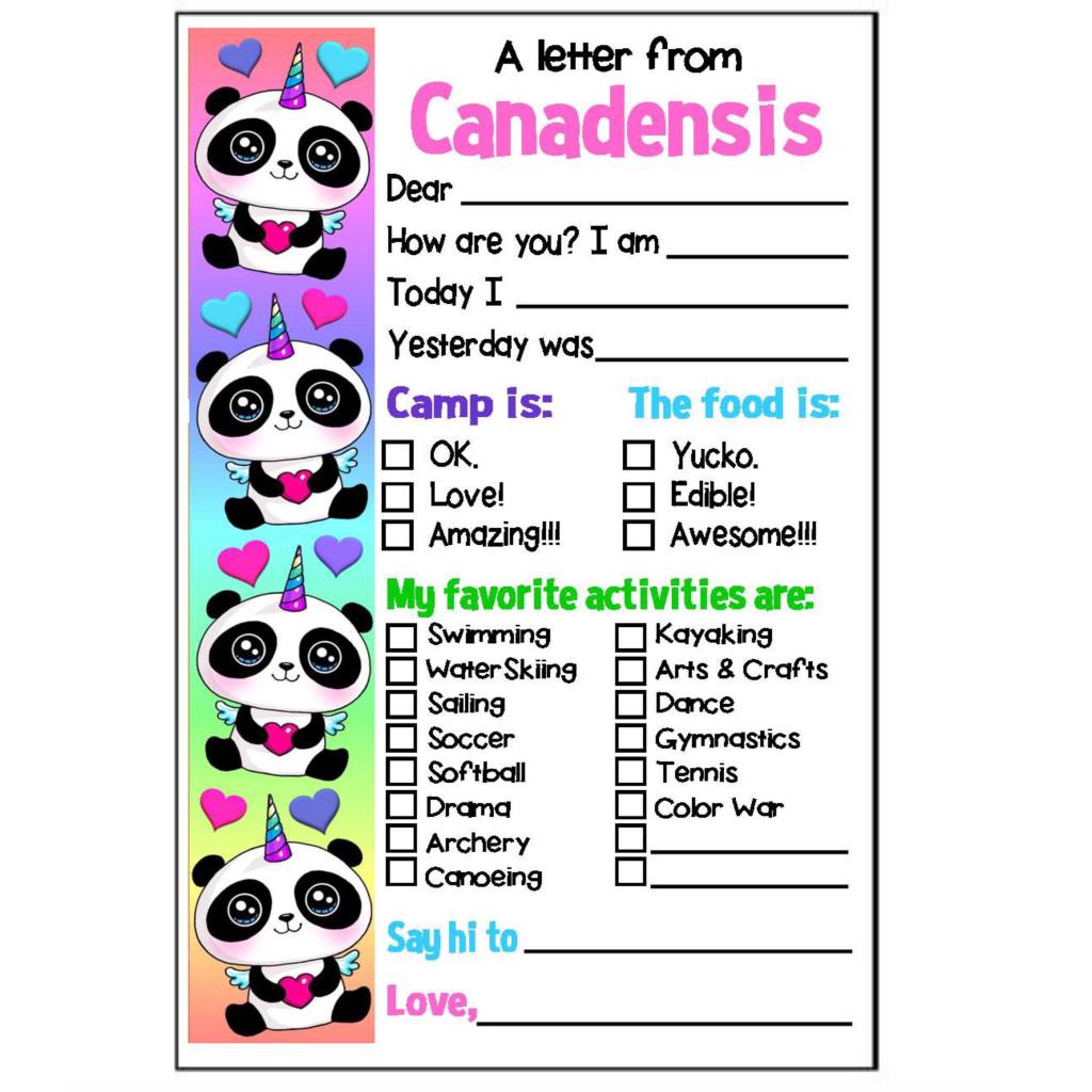 Pandacorn Fill-In Notecards Camp Notecards – letters FROM camp notecards (8 cards + 8 envelopes) for sleepaway/overnight camp by Bee Bee Designs