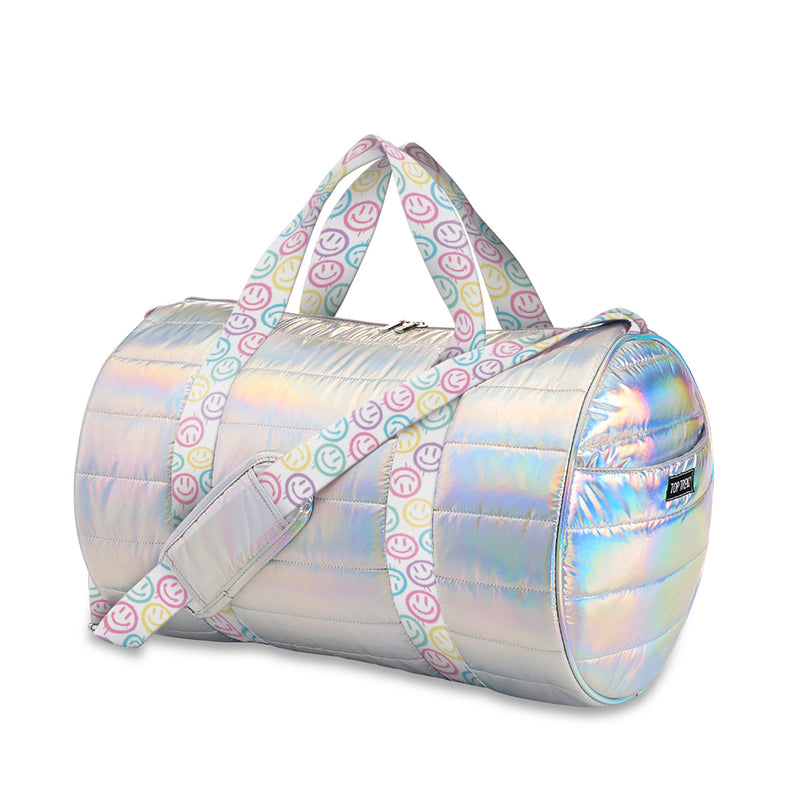 Iridescent Puffer Duffle Bag with Smiley Burst Starps