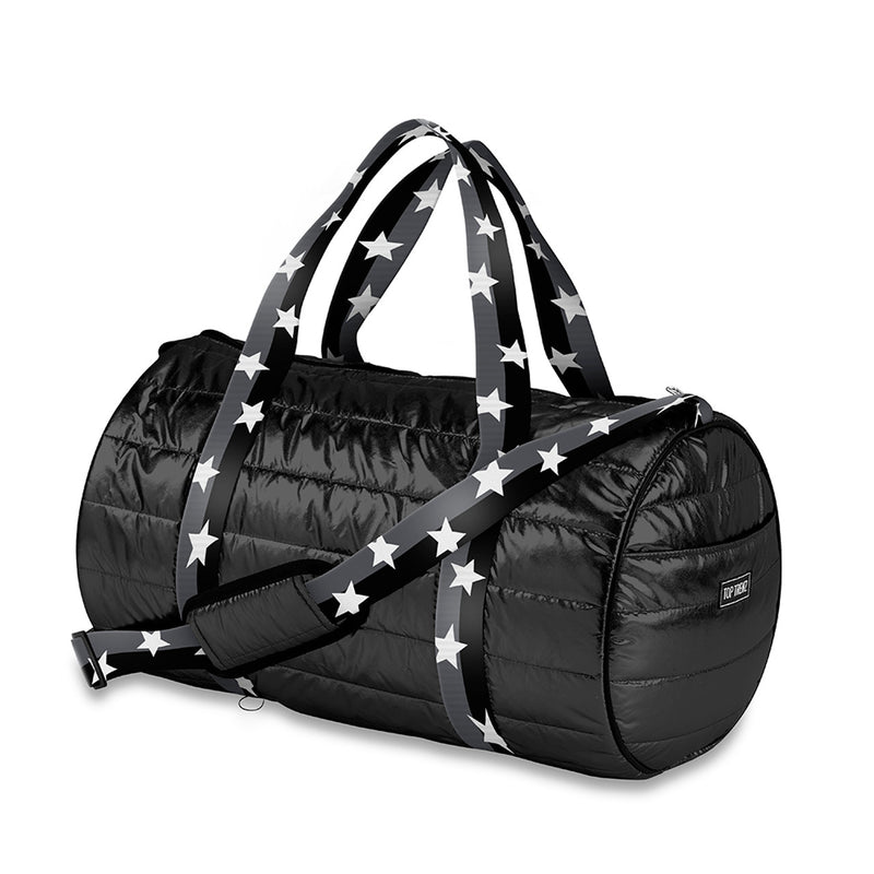 Black Puffeer Duffle Bag with Gray and Black Split Star Straps