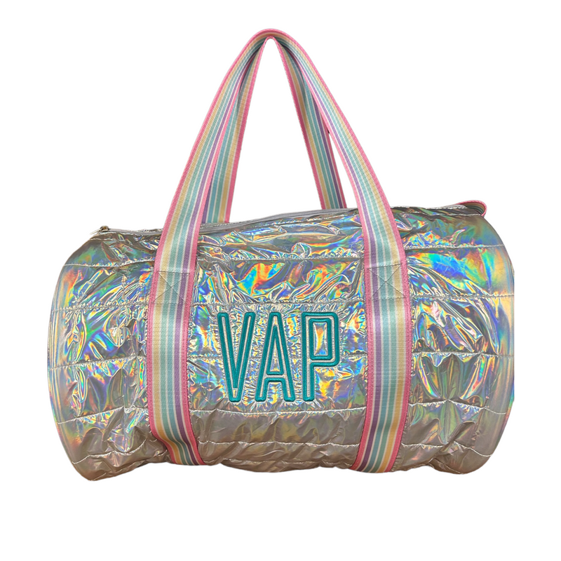 Metallic Puffer Duffle Bag with Candy Stripe Straps