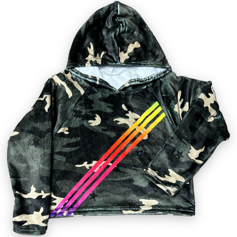 Camo Cropped Fuzzy Hoodie with Rainbow Stripe