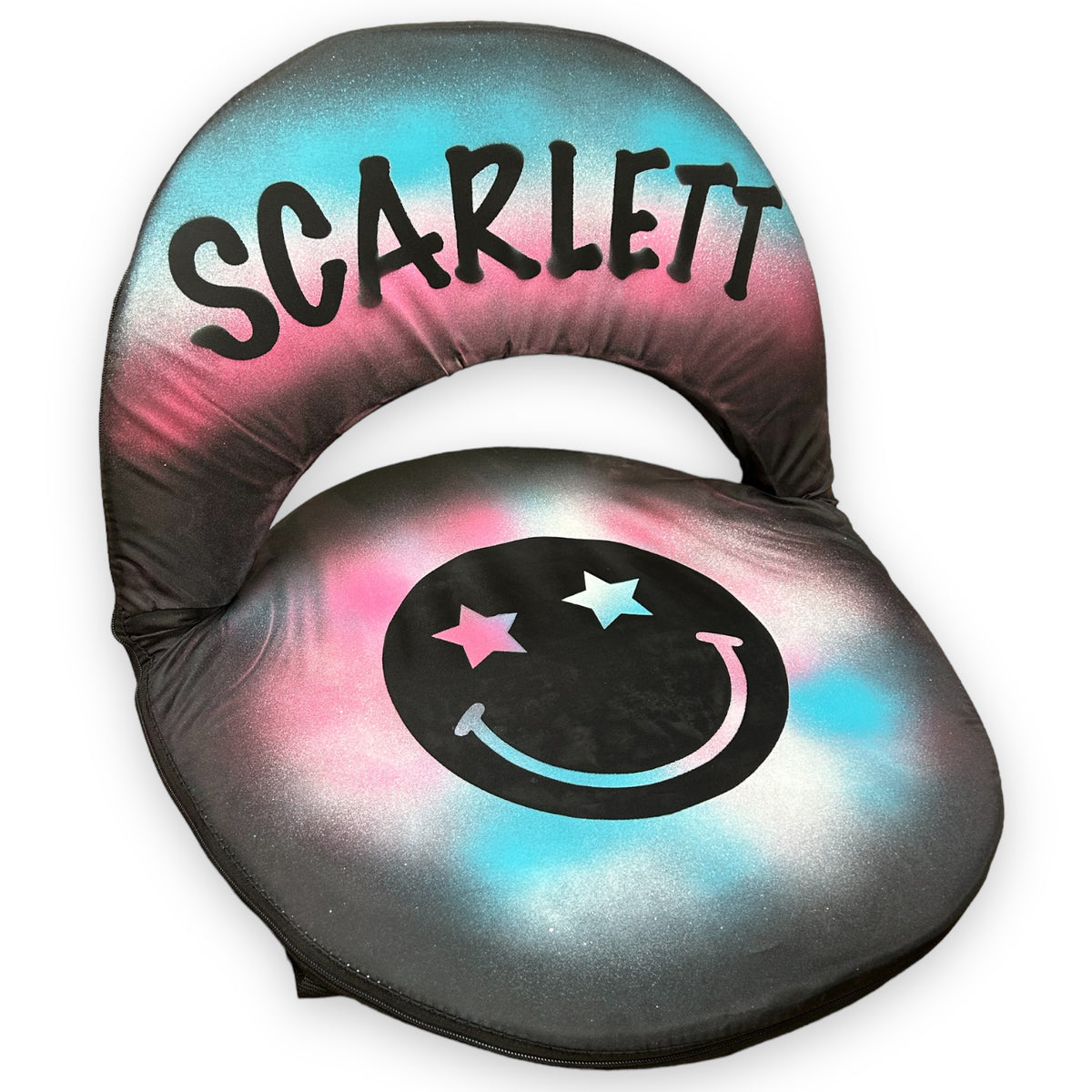 Star Eyes Smiley Airbrush Ground Chair camp chair – airbrushed art – portable, low-profile seating.