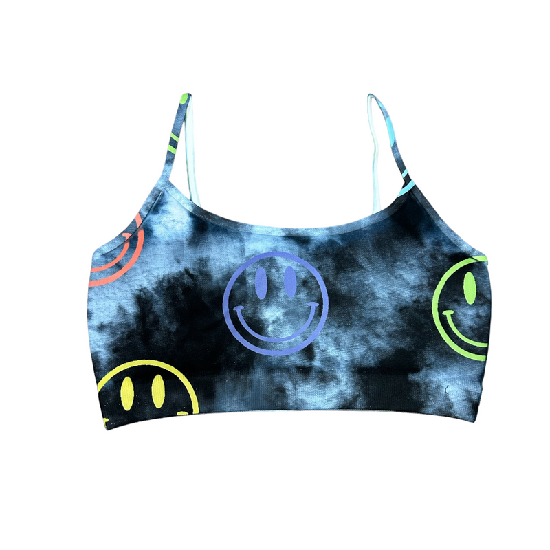 Black and Gray Tie Dye Smiley Faces Bra Cami