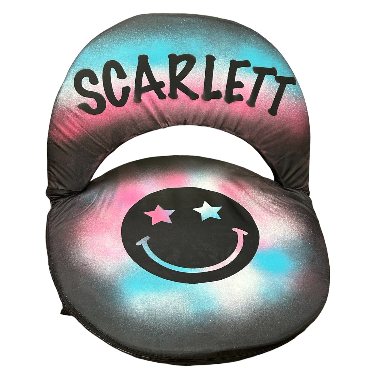 Star Eyes Smiley Airbrush Ground Chair camp chair – airbrushed art – portable, low-profile seating.