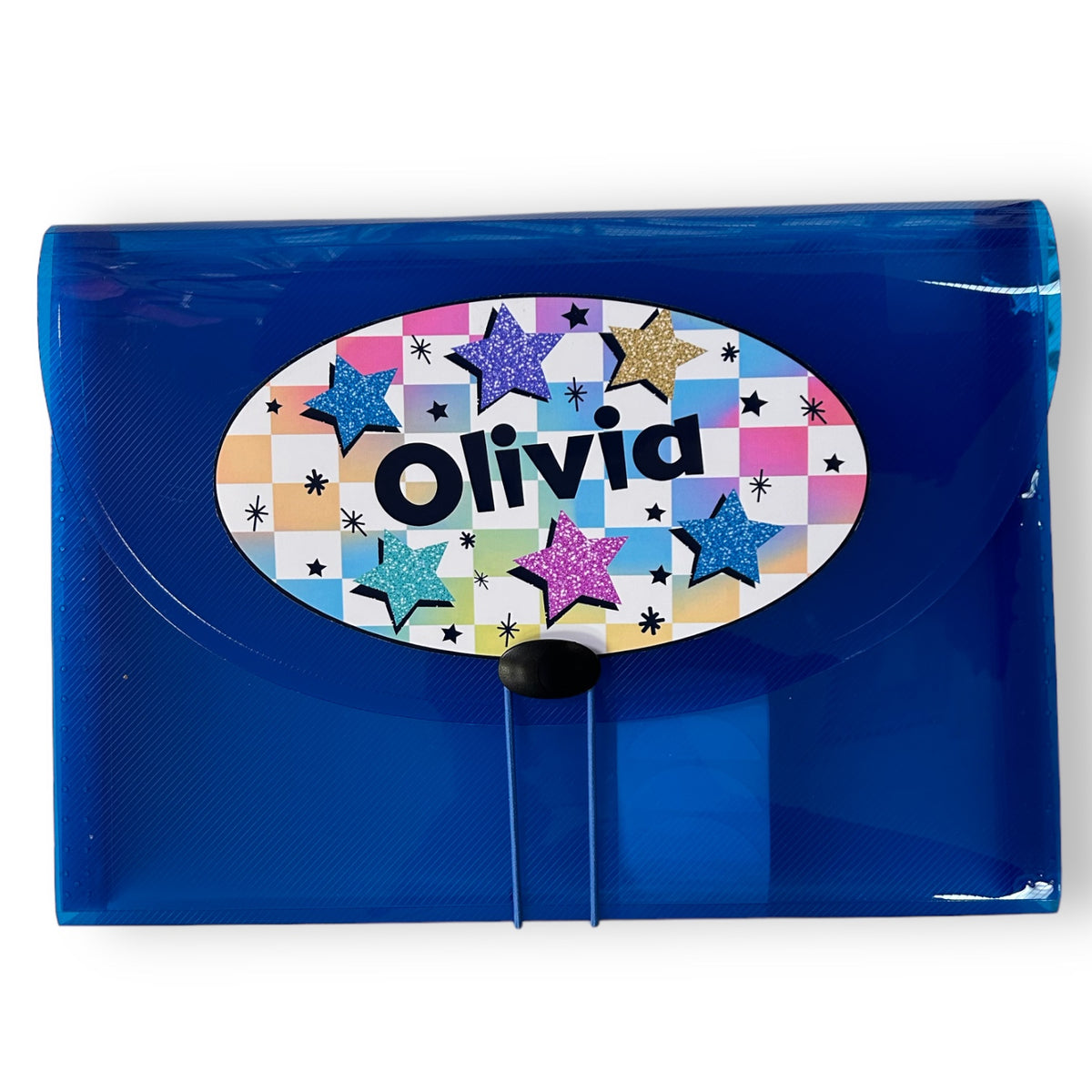 Checkered Stars 7-Pocket File in translucent blue with colorful checkered pattern and glittery stars, featuring name Olivia, shown closed with black snap closure