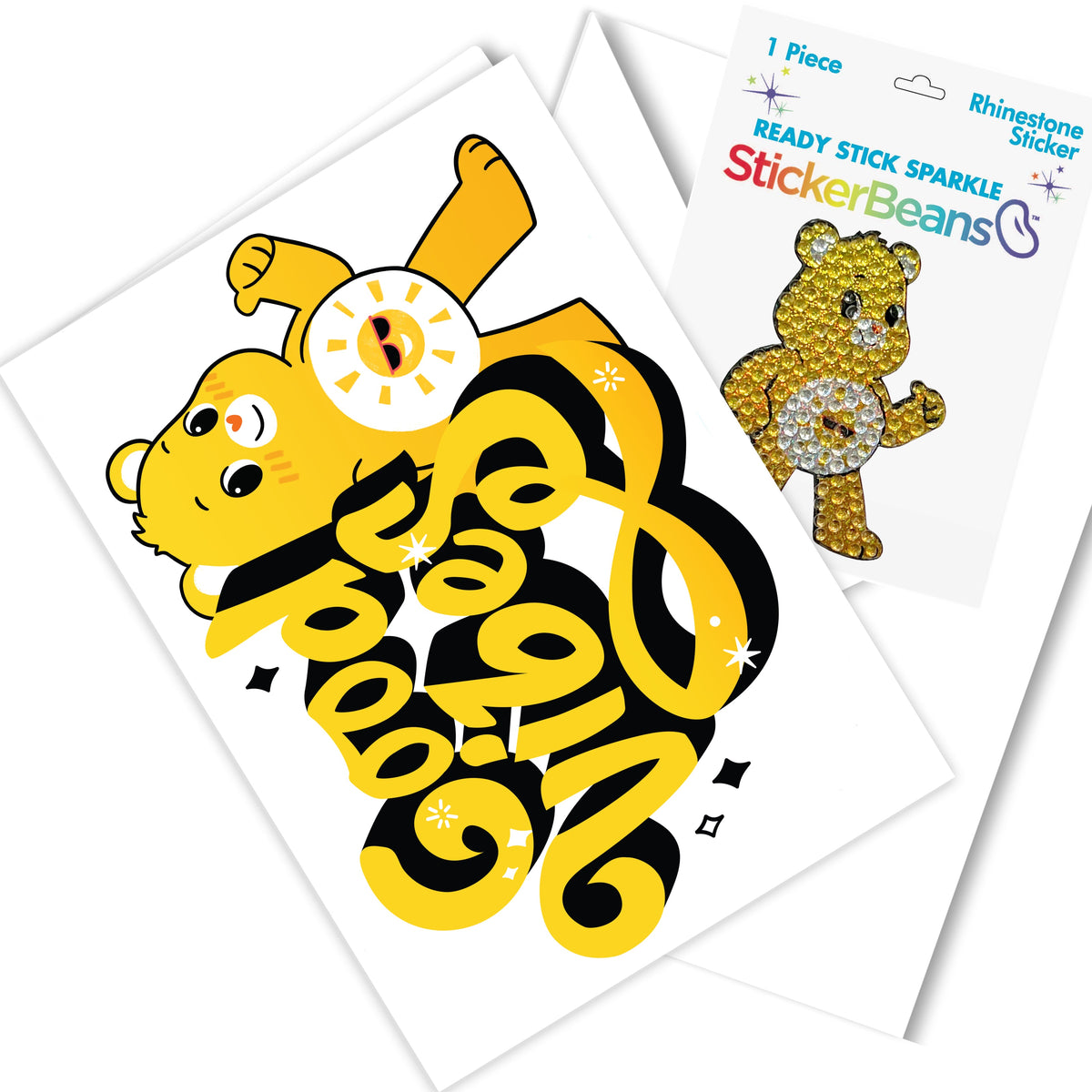 Care Bear Good Vibes Stickerbean Card – StickerBean card with a specialty collectible inside for camp mail surprises by Bee Bee Designs