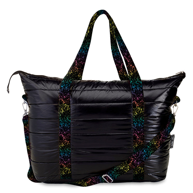 Black Puffer Weekender Tote with Rainbow Splatter Straps