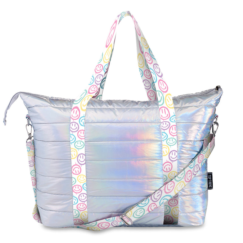 Iridescent Puffer Weekender Tote with Smiley Burst Straps