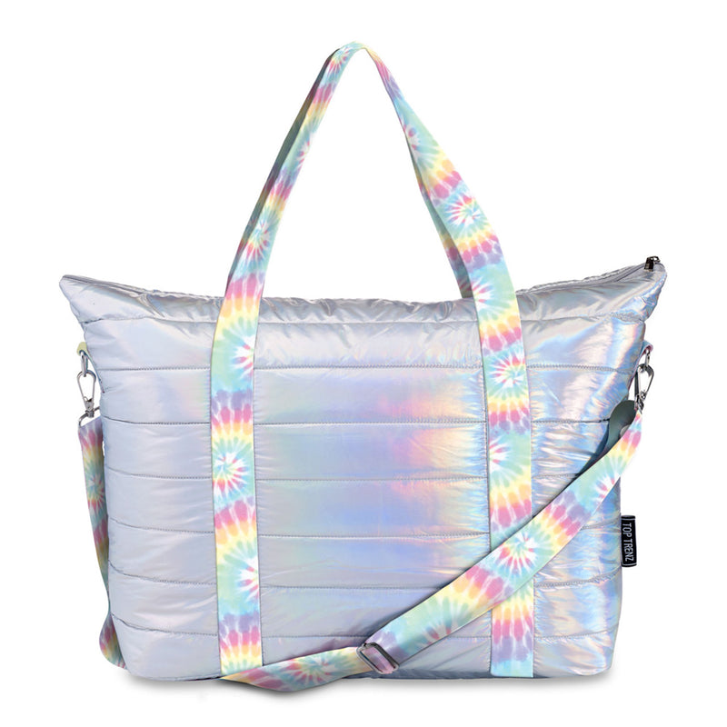 Iridescent Puffer Weekender Tote with Pastel Tie Dye Delight