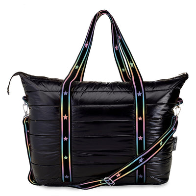 Black Puffer Weekender Tote with Gradient Star Straps