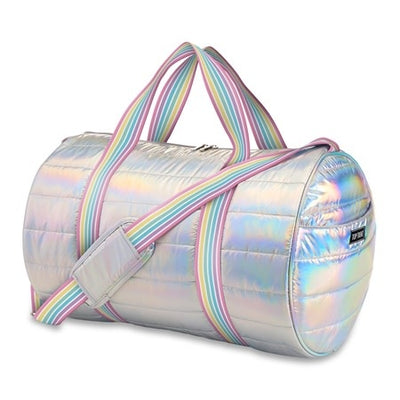 Metallic Puffer Duffle Bag with Candy Stripe Straps