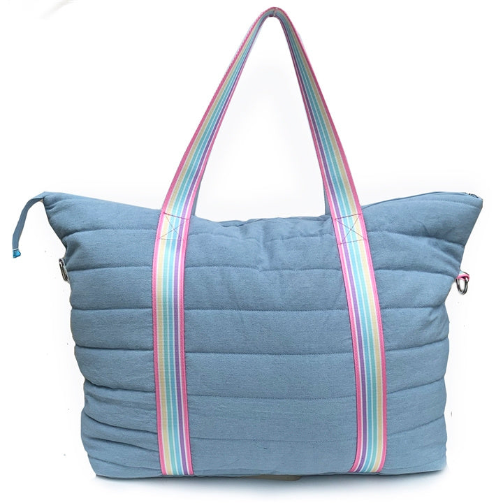 Denim Puffer Weekender Tote With Candy Stripe Straps