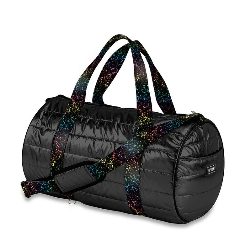 Black Puffer Duffle with Rainbow Splatter Straps