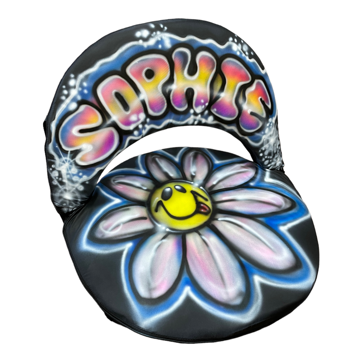 Smiley Flower Airbrushed Ground Chair camp chair – airbrushed art – portable, low-profile seating.