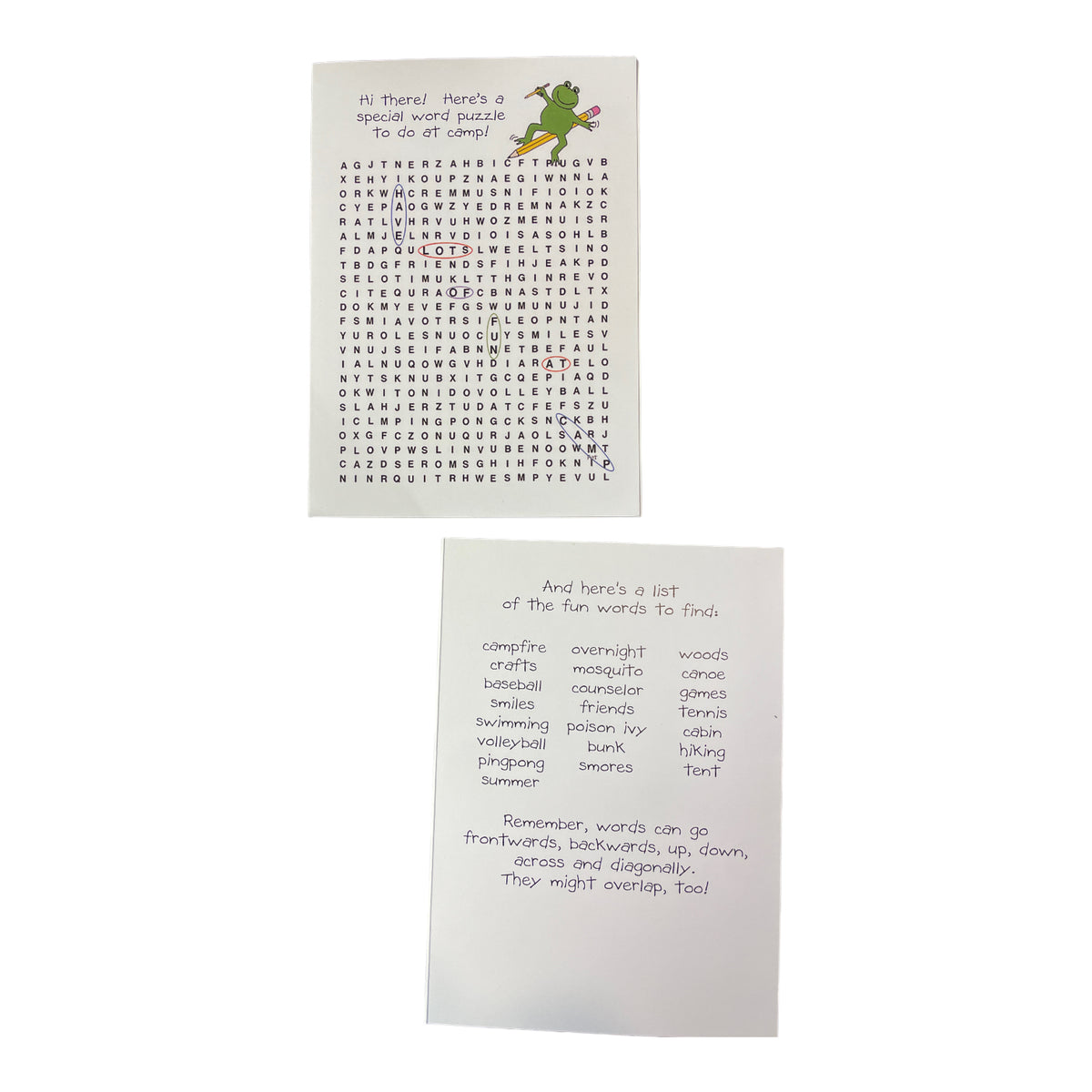 Frog Word Search Camp Card - Bee Bee Designs