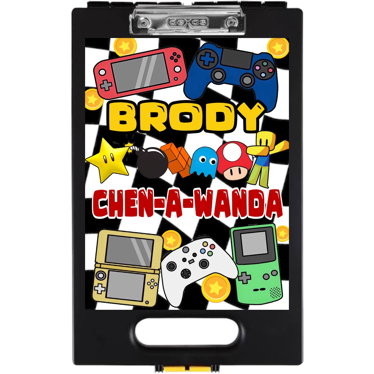 Checkered Gamer Clipboard with black and white racing checkered pattern border and gaming graphics including red handheld console, blue controller, yellow star, mushroom character, and retro game icons on white background