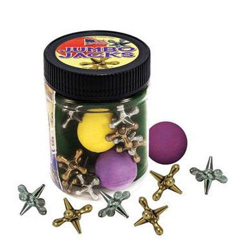 Classic jacks game with brass and nickel jacks, balls, and storage jar for kids and camp