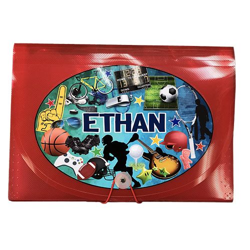Sporty Collage 7-Pocket File – 7-pocket camp letter organizer for stationery and stamps by Bee Bee Designs