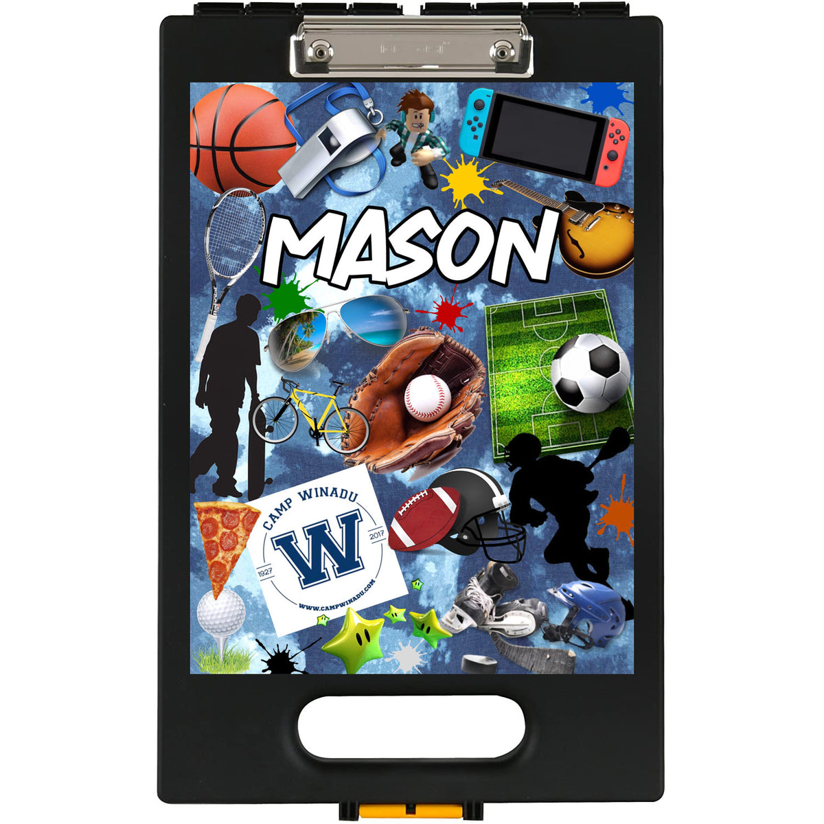 Sporty Collage Logo Clipboard – storage clipboard for writing camp letters at sleepaway or overnight camp by Bee Bee Designs