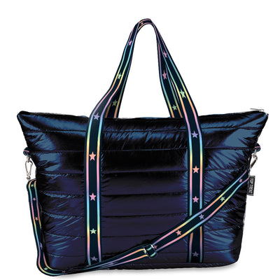 Navy Puffer Weekender Tote with Gradient Star Straps