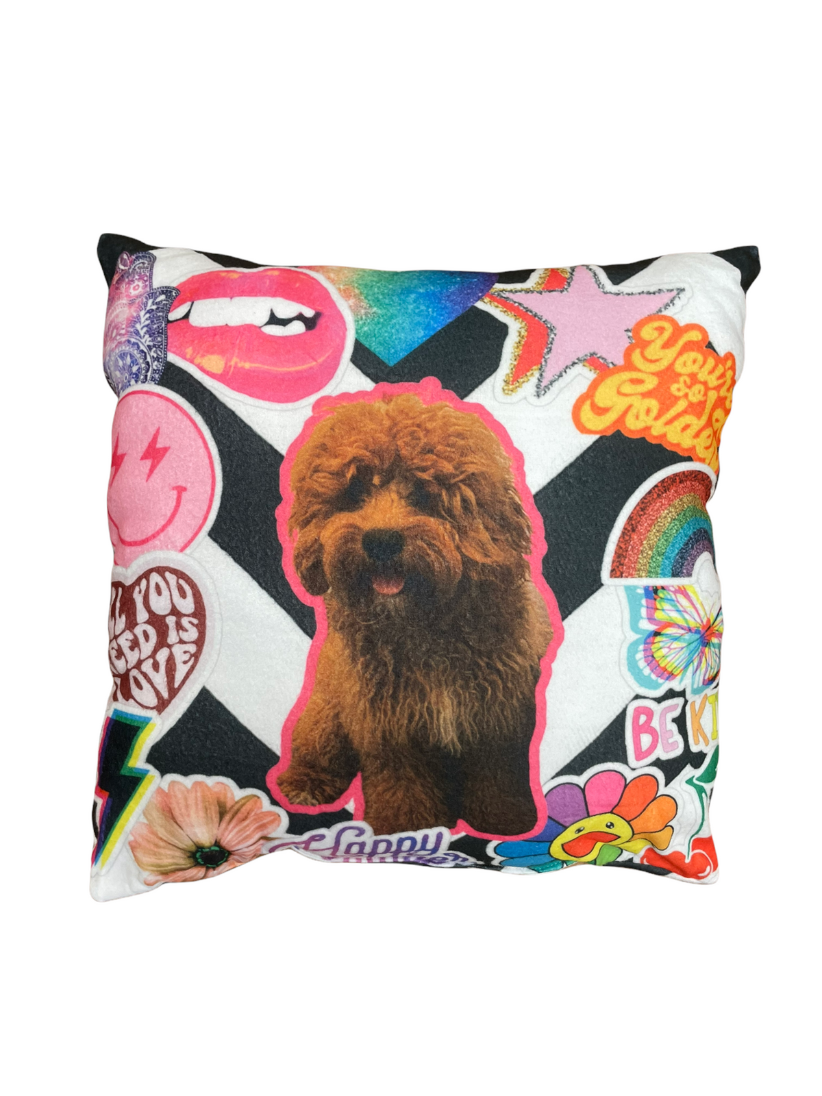 Happy Camper Picture Pillow with brown fluffy dog photo on black and white chevron striped background, colorful retro stickers and patches including pink lips, smiley face, rainbow, and groovy text