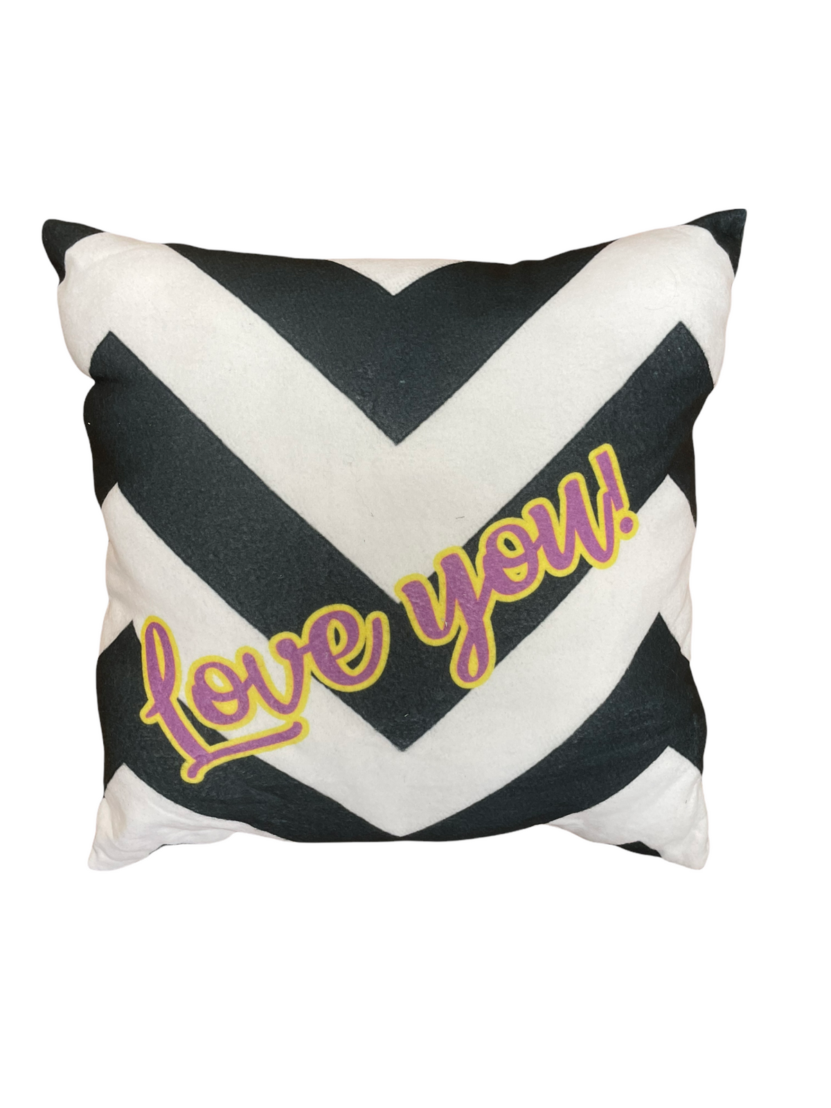 Happy Camper autograph pillow back side showing black and white chevron pattern with yellow and pink Love Yew text on white background, perfect for camp bunk decoration