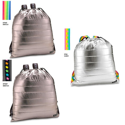 Metallic Puffer Sling Backpack Gun Metal with Rainbow Strap - Bee Bee Designs